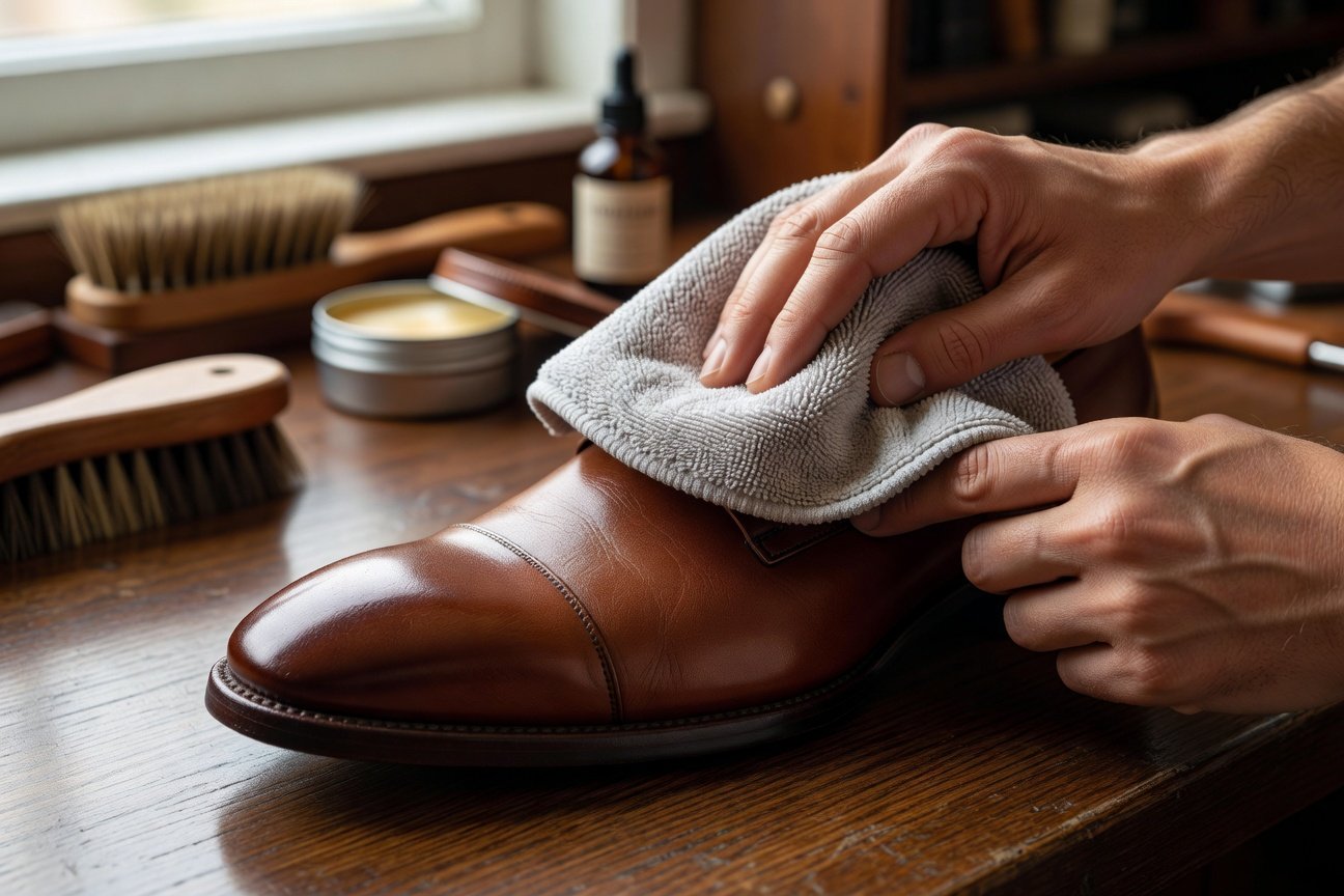 Chiffon en microfibre utilisé pour tamponner délicatement une chaussure en cuir